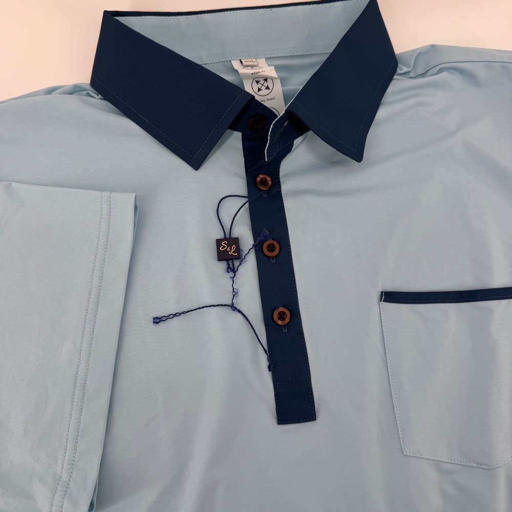 State And Liberty Mens Athletic Fit Performance Polo Shirt Light Blue Navy 2XL